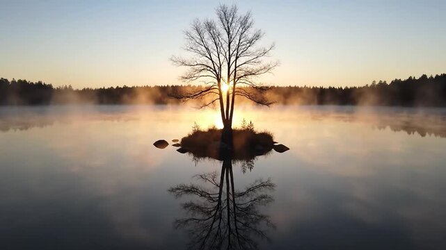 Lone bare tree on small island in misty lake at sunrise with reflection