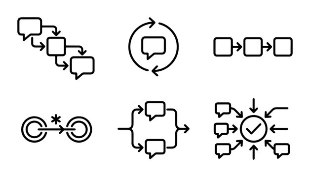 Process Flow Icons Set, Workflow Diagrams, Business Steps, Communication Charts, Project Management Symbols, Decision Tree Graphics, 6 Vector Elements