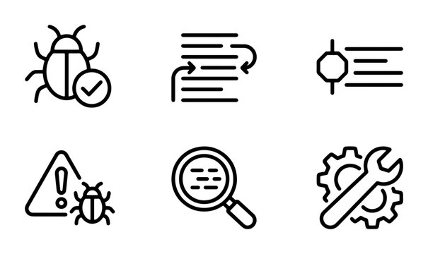 Bug Icons, Debugging Tools, Software Development Vector Set: Quality Assurance, Testing, Code Fixes, System Maintenance, Troubleshooting
