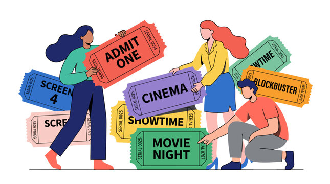 Group of people holding cinema tickets and signs.