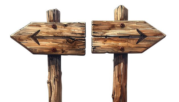 old wooden sign with arrows pointing in opposite directions, isolated on transparent background