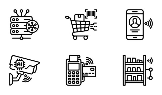 Smart Retail Technology Icons Set: AI Security Camera, POS Terminal, Server, Shopping Cart, Mobile App, Shelf System