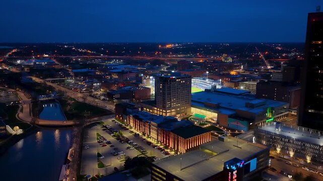 Aerial panning shot of downtown Toledo at night