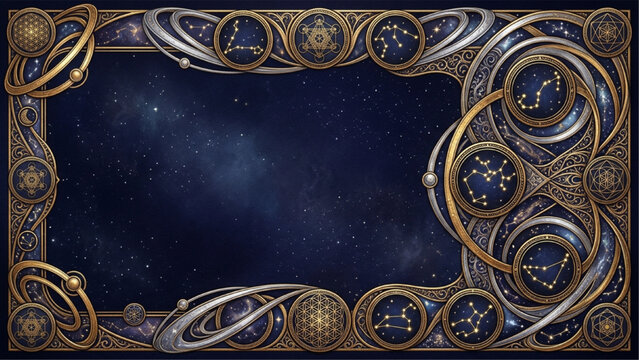 Ornate Astrology Frame Template with Gold Zodiac Constellations and Cosmic Background