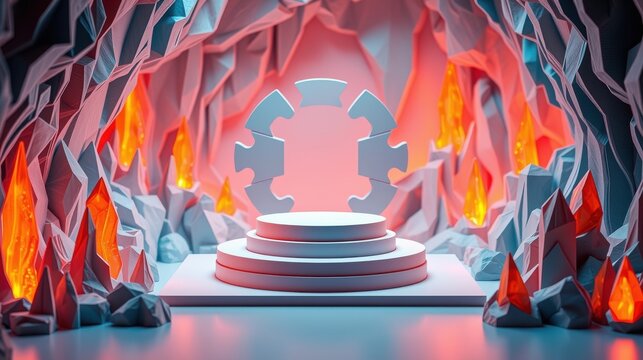 Stylized cavern scene. Platform glows, surrounded by jagged crystals. Dramatic lighting creates mysterious atmosphere. Minimalist design.