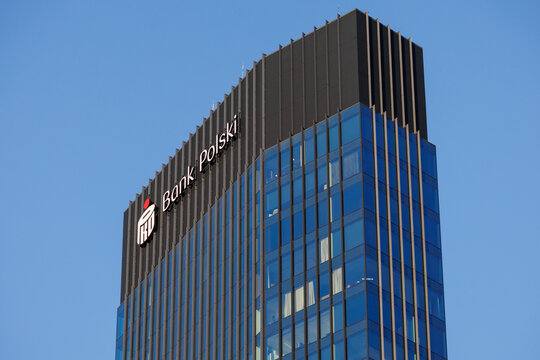 Warsaw, Poland &ndash; May 25, 2026: PKO Bank Polski branding and logo on top of modern office tower in Warsaw