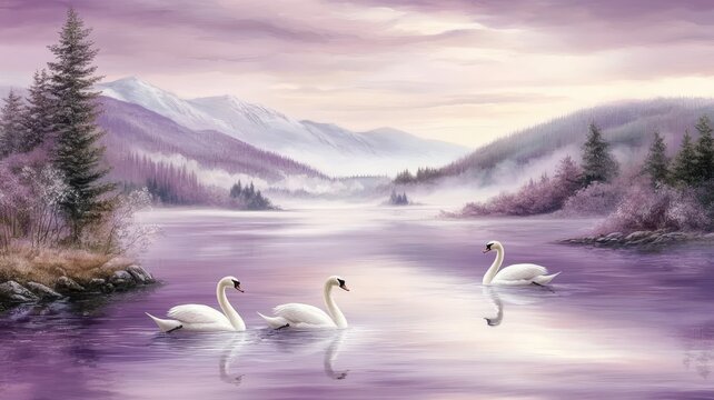 Three white swans swimming on calm misty lake beside pine trees and majestic purple mountains landscape painting.