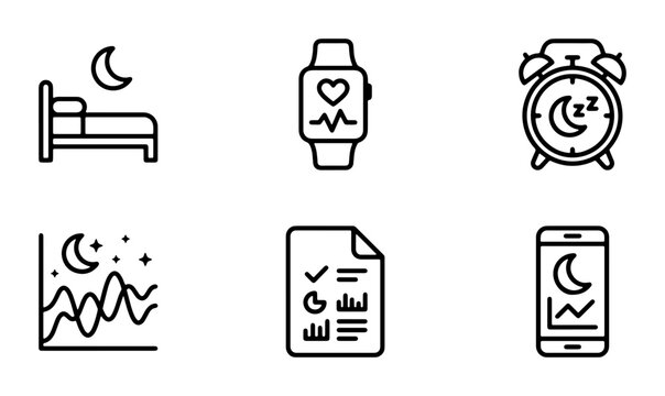 Sleep Tracking Icons, Bed, Smartwatch, Alarm Clock, Data Graph, Checklist, Mobile App Vector Set