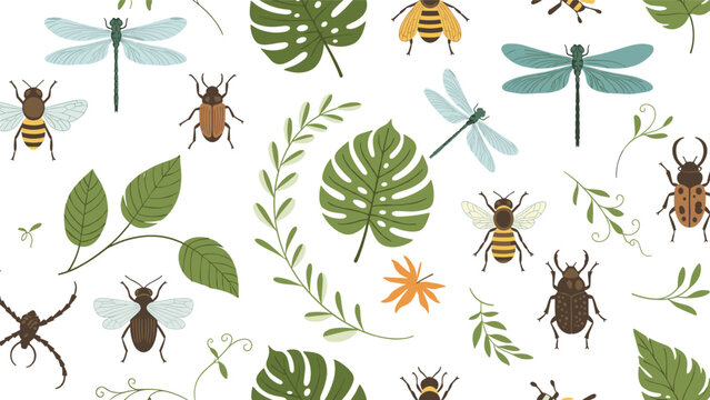Seamless pattern featuring various forest insects like bees, beetles, and dragonflies mixed with green tropical leaves.