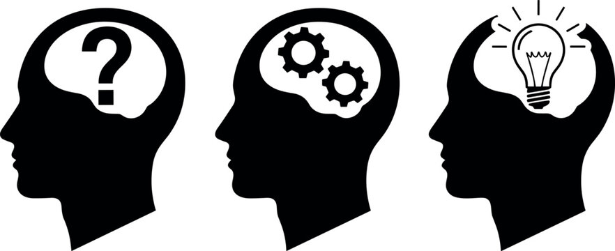 Human head silhouette vector illustration of cognitive stages symbolizing inquiry, problem solving, idea realization presence concept