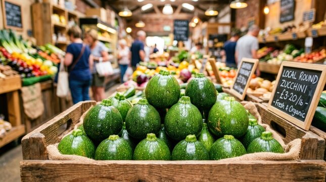 Fresh avocados displayed in a wooden crate at a vibrant grocery store.