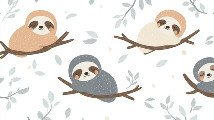 Fototapeta premium Cute cartoon sloth pattern featuring adorable sleeping baby sloths hanging on tree branches for nursery wall decor wallpaper design.