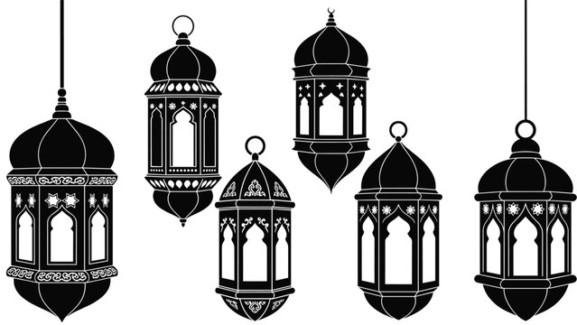 Various traditional ramadan lantern silhouettes with intricate arabic patterns hanging for islamic religious celebration and festive decoration.