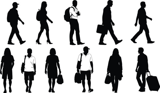 Human silhouettes walking and standing with bags, backpacks, suitcases, handbags, vector illustration design, travel fashion concept, lifestyle graphics art