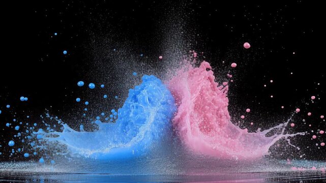 Colorful blue and pink liquid paint splashes clashing in super slow motion on a black background