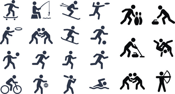  Sports and outdoor activities stick figure icon vector set with black silhouette shapes of athletes hobbies isolated on white background