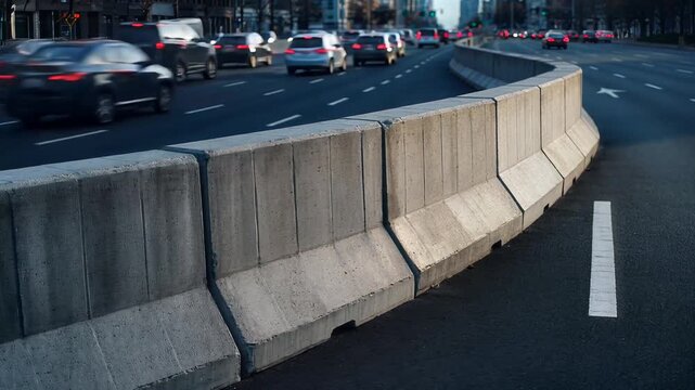 Interlocking Concrete Barriers Dividing Traffic Lanes on a Busy Urban Road