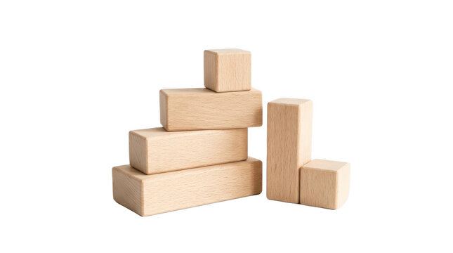 Simple natural rectangular and cube wooden block set, minimalist unfinished beech pieces stacked in steps for counting, building, math and early STEM learning

