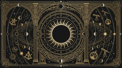 Obraz premium Vintage Astronomical Observatory Illustration with Classic Columns Solar Eclipse and Astrolabes