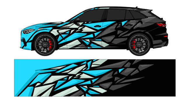 Black SUV with blue shattered glass style vinyl wrap.