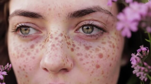 Close up of a young woman with heavy freckles on her face and hazel eyes surrounded by pink flowers