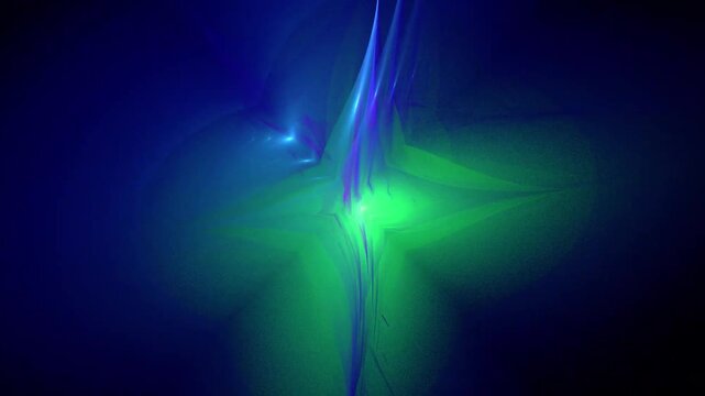 Abstract glowing green and blue fractal star structure with sharp neon spikes and cosmic light effects, seamless motion graphics.