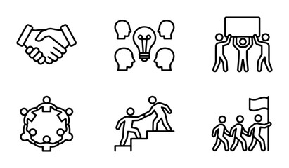 Fototapeta premium Teamwork and Collaboration Icons: Business Partnership, Idea Generation, Support, Leadership, Unity, and Agreement Symbols