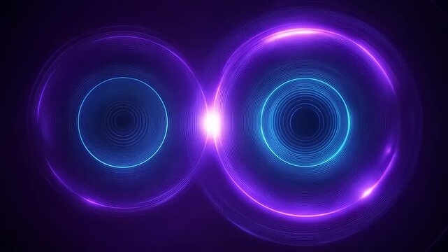 Two glowing, concentric circles of purple and blue light on a dark background. A bright white flare is in the center