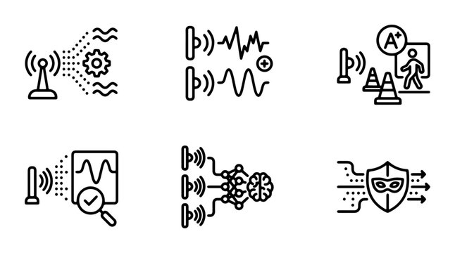 Signal Processing Icons, Waveform Analysis Icons, Security Monitoring Icons, 6 Vector Elements for Technology and Data Concepts