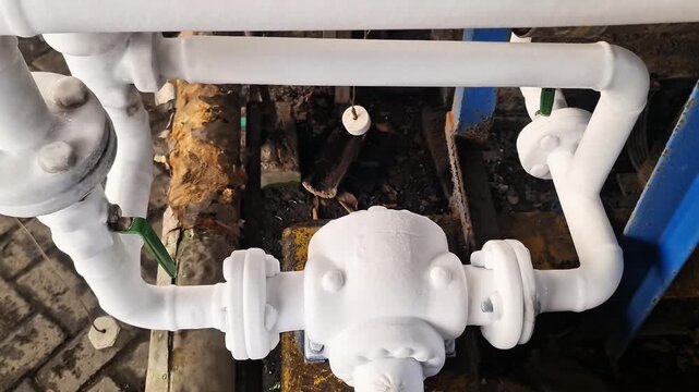 Extreme Cold Industrial Pipeline Covered in White Frost Thermal Insulation with Green Valves