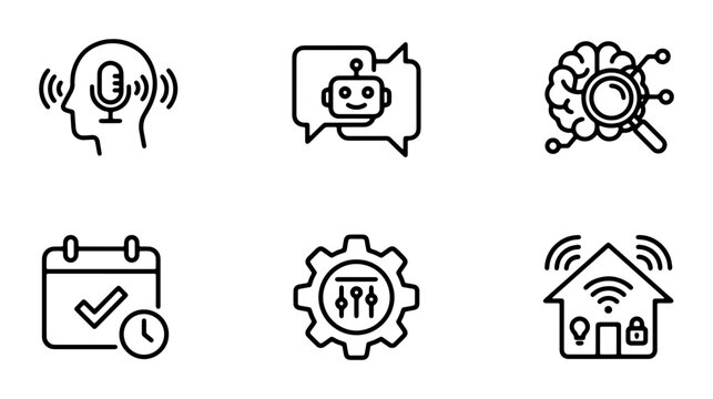AI and Technology Icons: Voice Assistant, Chatbot, Brain Search, Calendar, Settings, Smart Home Automation, Vector Set