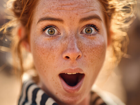 A young woman with striking red hair and a face full of freckles expresses wide-eyed astonishment, her mouth agape in a moment of pure surprise.