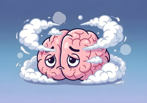 A cartoon character of a brain with a tired and sad face covered by white clouds, symbolizes a condition of brain fog or difficulty thinking clearly.