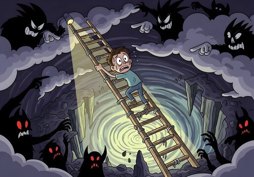 A male cartoon character is seen fearfully climbing a ladder over a cliff, surrounded by shadows of monsters pointing at him, symbolizing the fear of failure.