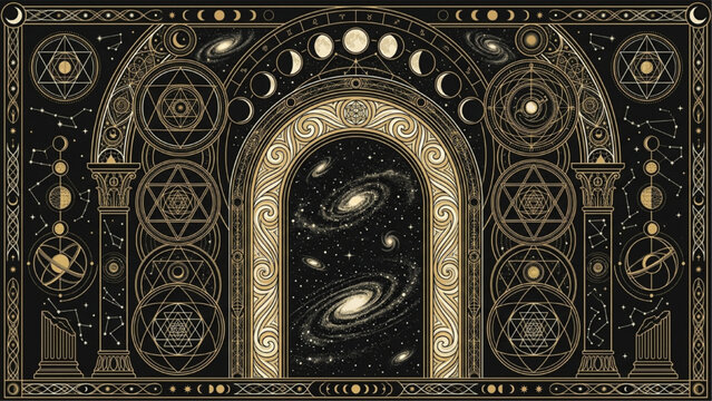 Ornate Tarot Frame Portal Template with Hexagram Ornaments and Spiral Galaxies