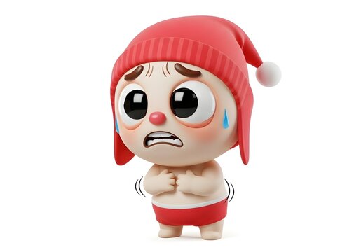 A 3D cartoon character wearing a red hat expresses anxiety, fear, or panic with a trembling body and cold sweat.