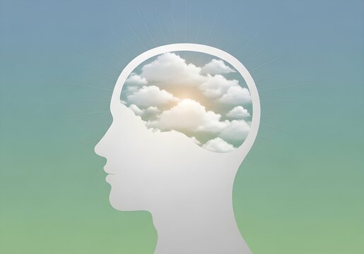 shows a silhouette of a head with a clear cloudy sky in it, symbolizing peace of mind, tranquility, and mental health.