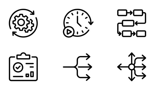 Process Flow Icons Set, Workflow Management Symbols, Business Strategy Planning Graphics, Decision Tree Charts, Time Management Icons, Vector Illustrations