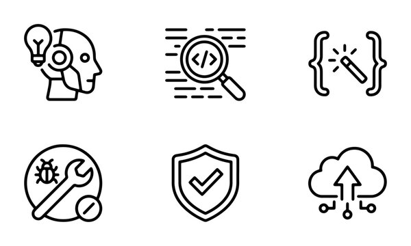 Modern Technology Icons Set: AI, Coding, Debugging, Security, Cloud Computing, and Automation, Vector Graphics for Digital Concepts