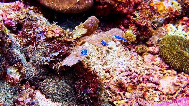 Three tiny Willan's chromodoris sea slugs moving slowly on a vibrant coral reef background