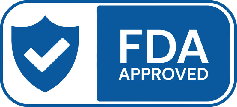FDA approved blue certification badge vector icon featuring a protective shield with a bold check mark symbol inside a rounded rectangular label for product packaging and quality assurance