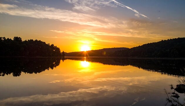 Tranquil sunset over calm lake with reflections and vibrant colors