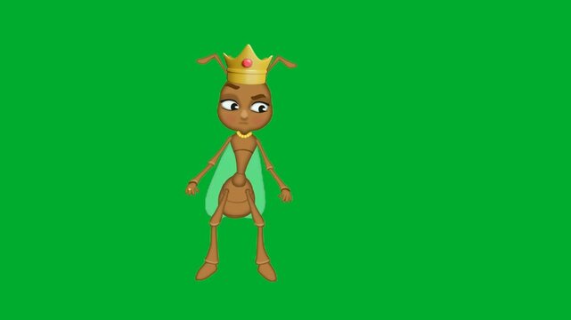 2d animation Ant queen cartoon character wearing a small golden crown standing in full frontal view animation on green screen. Royal monarch insect boss bug leader posing gracefully on a chroma key