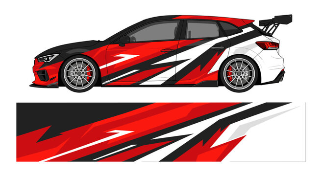 Red and white geometric racing livery on hatchback car