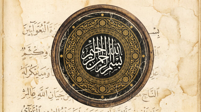 Beautiful Arabic Calligraphy of Bismillah on Vintage Black and Gold Circular Ornament over Aged Parchment Paper