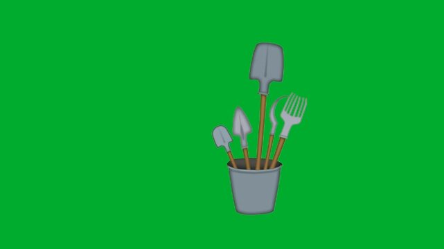2d animation Gardening tools inside a metal bucket container standing isolated animation on green screen. Shovel, spade, trowel and fork rake cartoon instruments for backyard agriculture planting