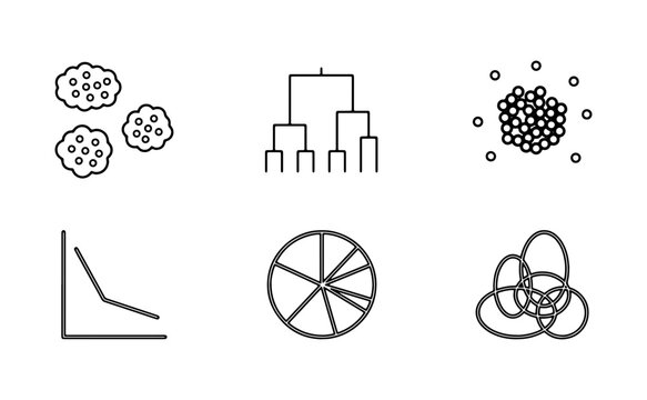 Data Visualization Icons, Statistical Analysis Symbols, Clustering & Chart Graphics, Scientific Research Vector Set