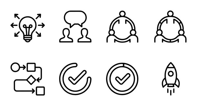 Business Process Icons, Teamwork Symbols, Idea Generation, Workflow, Project Launch, Startup Rocket, Checklist, Communication, Collaboration, Strategy, Management, Success, Vector Graphics
