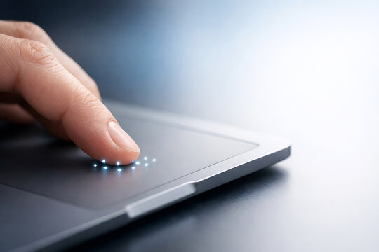 Finger touching illuminated touchpad with glowing dots technology hand