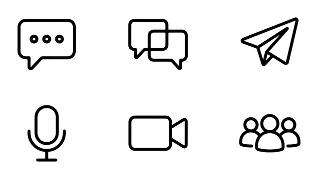 Communication Icons Set: Speech Bubbles, Paper Plane, Microphone, Video Camera, People Group, Digital Messaging Symbols, Clean Line Art for Web and App Design